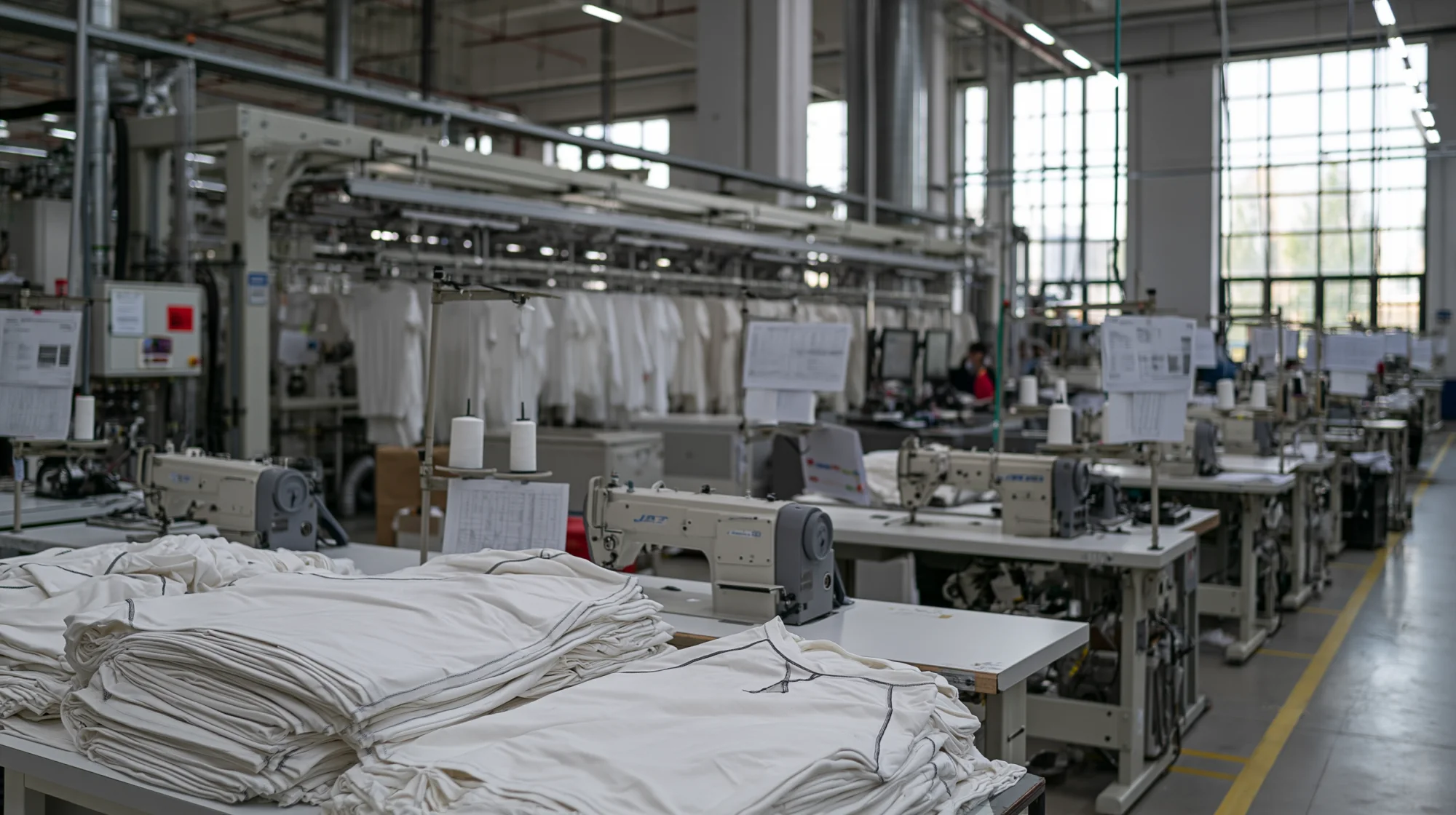 Textile and garment production workspace representing coordinated services