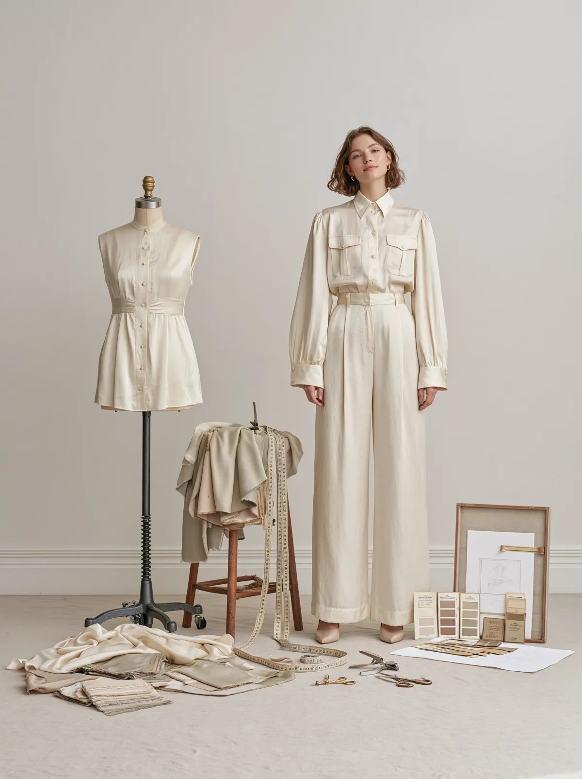 Custom garment development with model, dress form, fabric swatches and measuring tools
