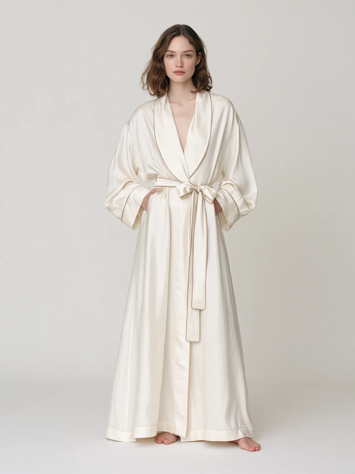 Long ivory satin robe with shawl collar and belt