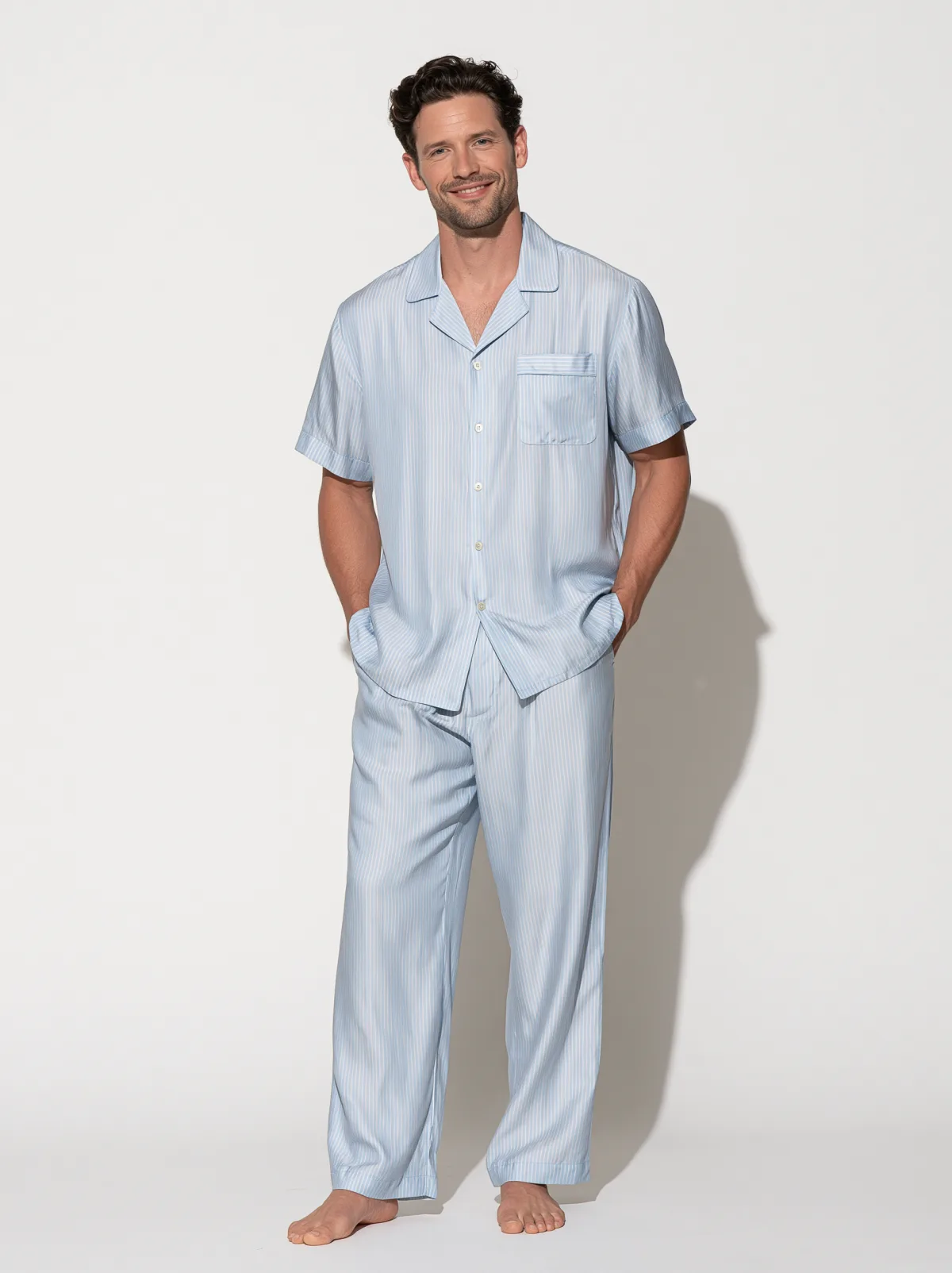 Men's blue striped short-sleeve pajama set