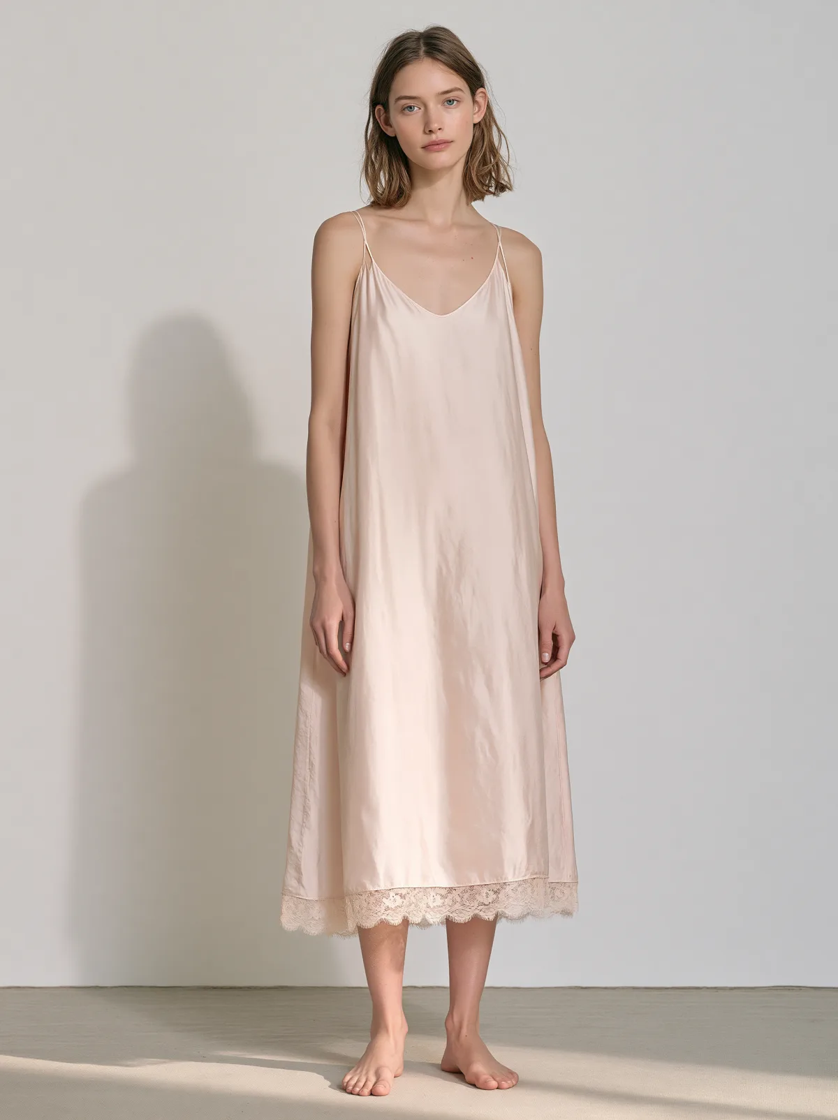 Blush satin slip nightgown with lace hem
